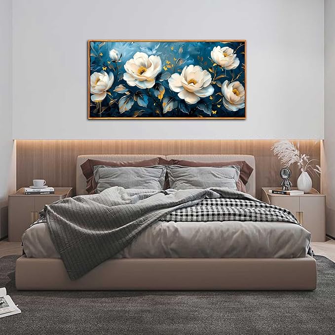 Flower Canvas Wall Art for Living Room - Blue and White Wall Decor for Bedroom - Large Picture Frames for Wall 29" x 59"