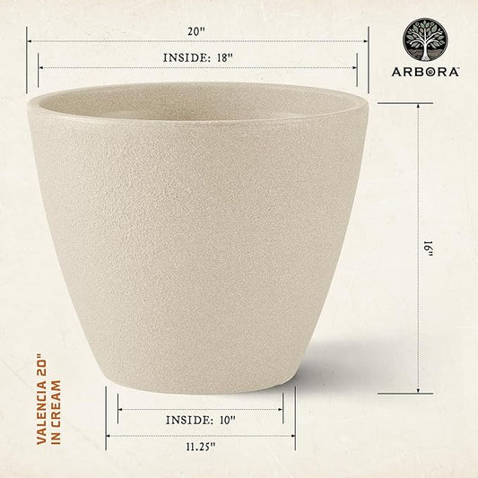 ARBORA 20" Valencia Polyresin Indoor and Outdoor Planter with Classic Cream Finish - Durable, Weatherproof, Lightweight, Large Plant Pot for Patio, Garden, Deck, Entryway