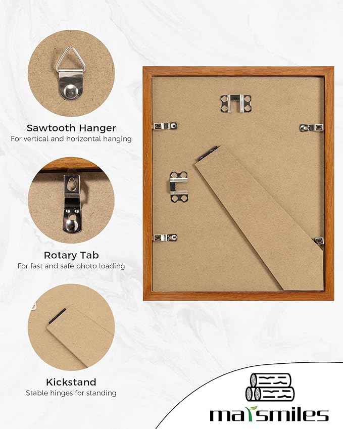 Marsmiles 8x10 Wooden Picture Frame, USA-Sourced Natural Oak Solid Wood Photo Frame with Plexiglass for Display Pictures 5x7 with Mat or 8x10 without Mat, Teak, 1 Pack