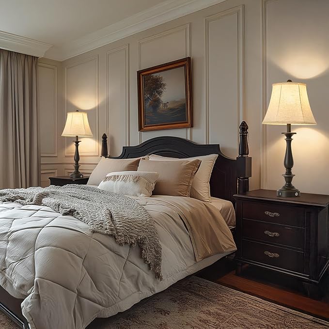 AIDENOEY 28.5" Traditional Table Lamp Set of 2, Rustic Farmhouse Table Lamps for Living Room Bedroom, Bedside Desk Lamps Vintage Nightstand Lamps with Silk Fabric Shades, Oil Rubbed Bronze