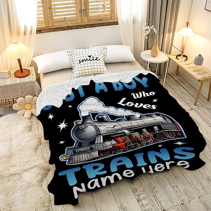 Boy Who Loves Trains Blanket Custom Train Blankets for Boys Men Flannel Cozy Quilt Gift for Train Lovers for Beding Sofa Couch-50x40 Inches