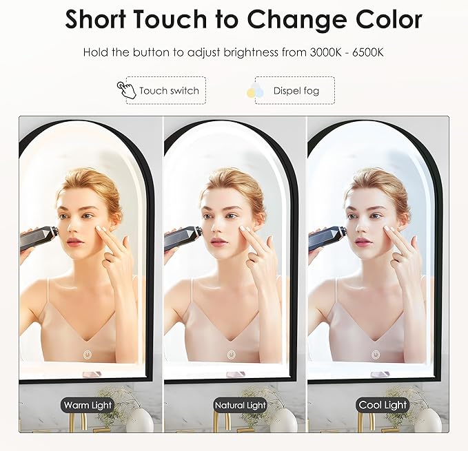 SogesHome Wall Mounted Mirror Medicine Cabinet 36"X24" with LED Light, Arched Vanity Mirror Storage with Shelves, Modern Decro Recessed Mirror Medicine Cabinet for Bathroom, Bedroom, Black