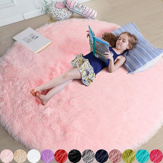 Amdrebio Pink Round Area Rugs 7Ft for Girls Bedroom Decor, Fluffy Large Circle Rug for Living Room, Kids Room, Teen, Fuzzy Plush Carpets for Baby Nursery, Dorm, Classroom, Big Indoor Kawaii Play Rug