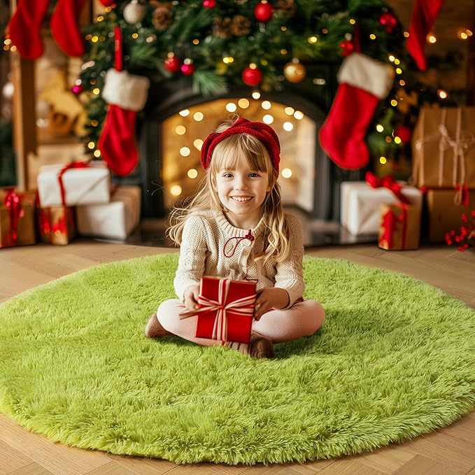 Amdrebio Grass Green Round Area Rug 7Ft for Living Room Bedroom Decor Aesthetic, Large Fluffy Shaggy Fuzzy Circle Rugs for Baby Nursery Kids Playroom, Big Soft Shag Floor Circular Modern Cool Carpet
