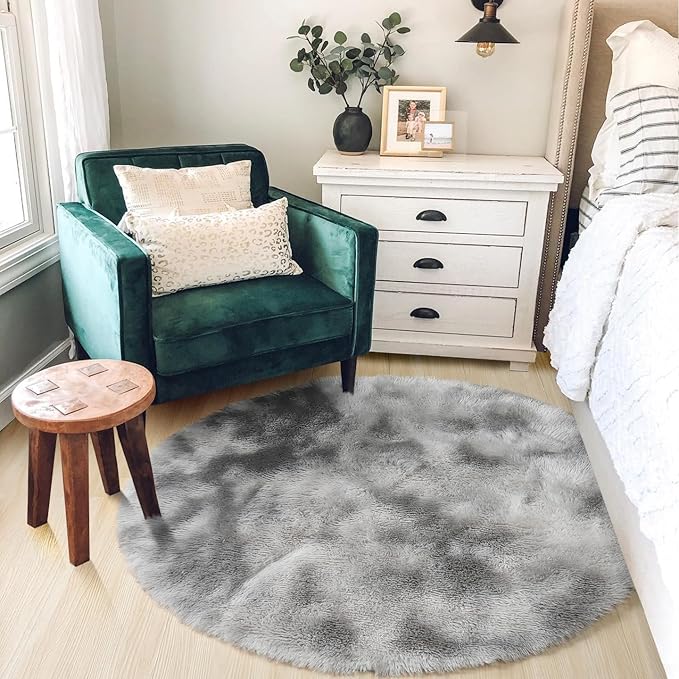 Amdrebio Tie-Dyed Light Grey Round Area Rug 4Ft for Bedroom Living Room, Soft Fluffy Circle Circular Rugs for Kids Room, Home Office Decor, Modern Floor Shag Fuzzy Farmhouse Gray Carpet for Teen Boys