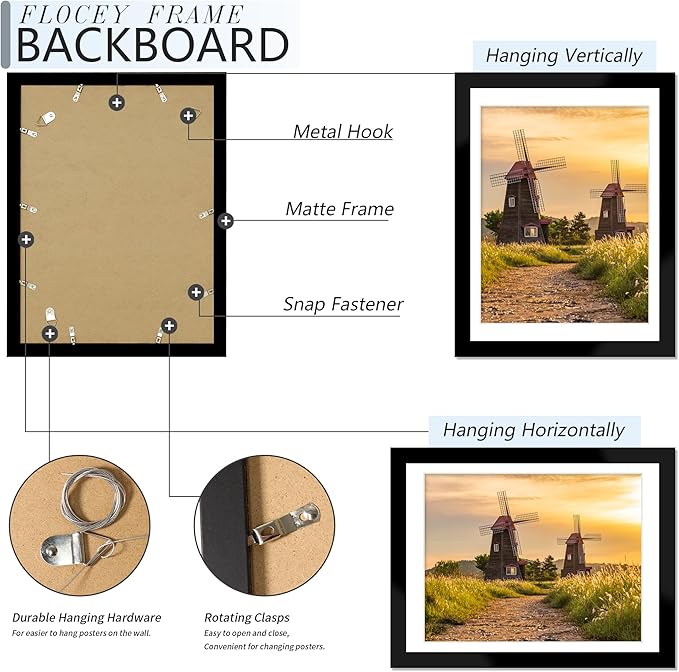 12x16 Picture Frame 5 Pack, Black Poster Frame, Display Pictures 11 x 14 with Mat or 12 x 16 Without Mat for Horizontal or Vertical Wall Mounting, Wall Gallery Frame for Artwork Certificate