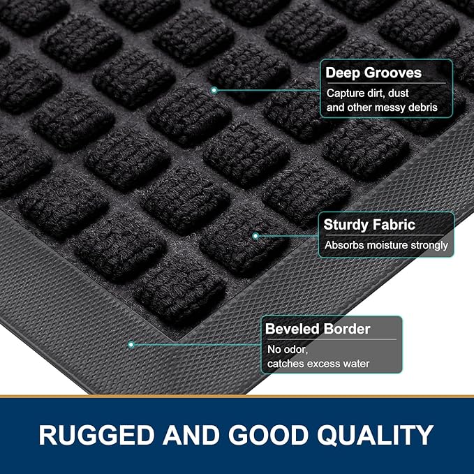 Smiry Front Door Mat Outside Entrance, Heavy Duty Natural Rubber Doormat, Non Slip, Trap Dirt and Moisture, Easy Clean, Low Profile Welcome Floor Mats for Indoor Outdoor Entry, 29.5x17 Inch, Black