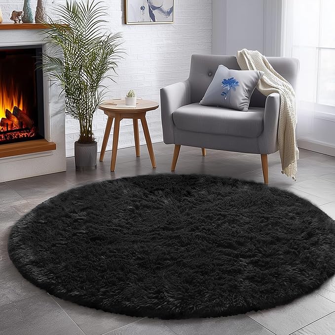 Black Small Round Rug 3Ft for Bedroom, Fluffy Circle Area Rugs for Living Room Decor Aesthetic, Shaggy Furry Circular Floor Carpet for Office Playroom Nursery Classroom, Modern Baby Kid Teen Boy Rug