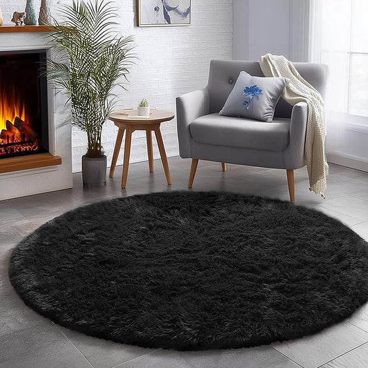 Black Small Round Rug 3Ft for Bedroom, Fluffy Circle Area Rugs for Living Room Decor Aesthetic, Shaggy Furry Circular Floor Carpet for Office Playroom Nursery Classroom, Modern Baby Kid Teen Boy Rug