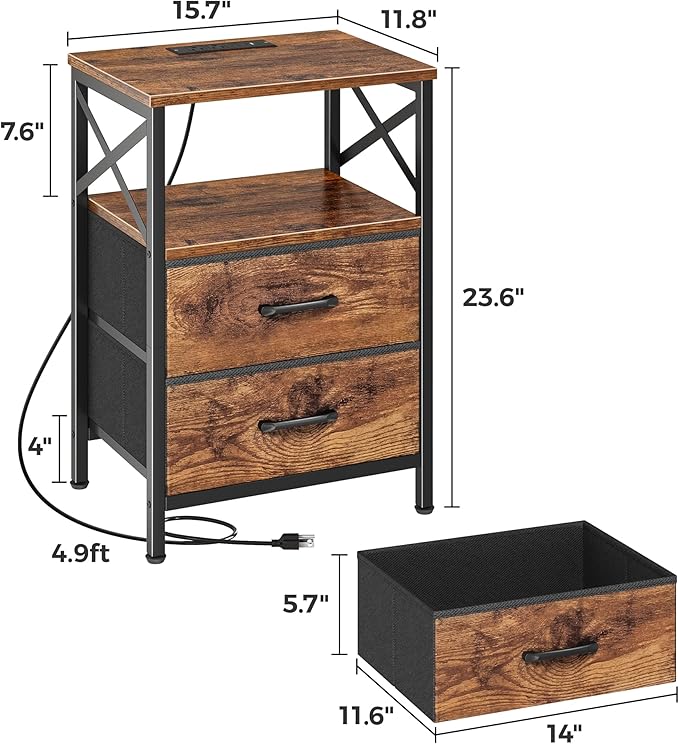 Huuger Night Stand with Charger Station, 2 Drawer Nightstand with Open Shelf, Bed Side Table with USB-C Port, End Table, Compact Size for Small Spaces, X Shaped Side Rail, Rustic Brown