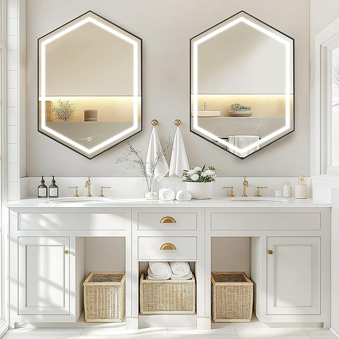 SogesHome Mirror Medicine Cabinet with 3-Color LED Lights, Hexagon Vanity Mirror Storage with 3-Tier Cabinet, Stainless Steel Frame and 2 Shelves for Bathroom, Bedroom, Entryway, Black