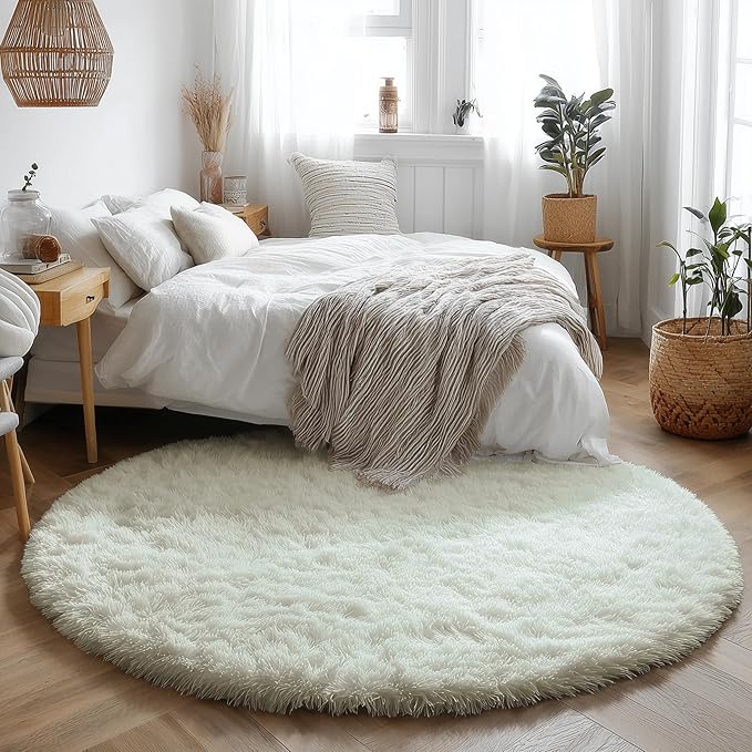 Amdrebio Ivory White Round Circle Rug 6Ft for Kids Bedroom Aesthetic, Big Washable Fluffy Fuzzy Area Rugs for Living Room, Circular Plush Soft Shaggy Cream Carpet for Baby Nursery Teen Girls Boys