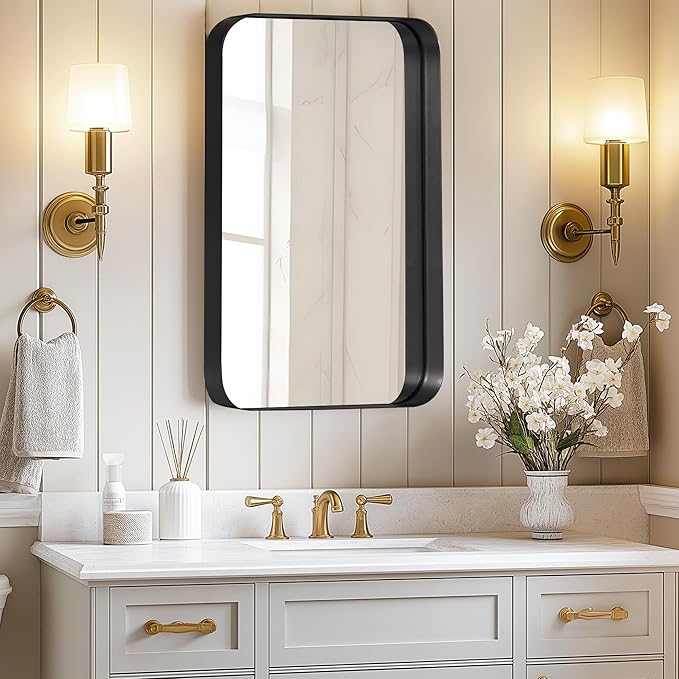 SogesHome Bathroom Medicine Cabinet with Mirror, 16"x24" Black Medicine Cabinet, Stainless Steel Frame and 2 Shelves, Wall Mounted Vanity Mirror Storage Cabinet for Bathroom