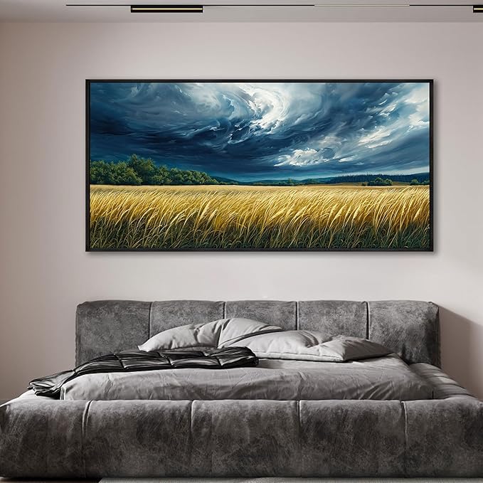 yiijeah Blue Abstract Canvas Wall Art - Rustic Wall Decor Living Room Bedroom Office Extra Large Paintings Picture Framed Artwork for Walls Forest Landscape Sky Black Cloud Home Decoration