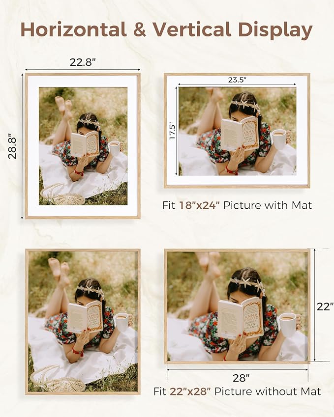 Marsmiles 22x28 Wooden Picture Frame, USA-Sourced Natural Oak Solid Wood Photo Frame with Real Glass for Display Pictures 18x24 with Mat or 22x28 without Mat, Natural, 1 Pack