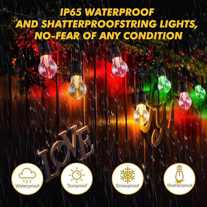Solar Outdoor RGB String Lights, 48FT Dimmable Patio String Lights with Shatterproof Bulbs, Commercial Lights for Party