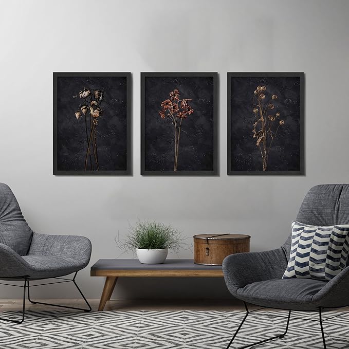 arfitest Vintage Flower Wall Art Dark Moody Wildflower Wall Decoration Minimalist Wildflower Frame Wall Decoration 12''x16'' Inch Set of 3 Black Photo Frames