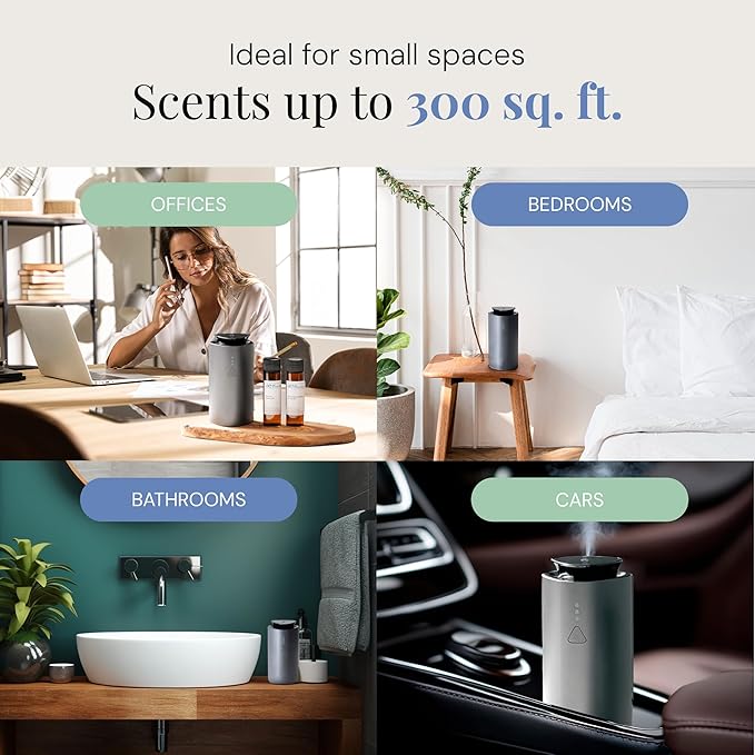 'The Mini' Gift Set, Mini Essential Oil Diffuser with Green Tea Lemongrass & Fresh Blue, Rechargeable & Waterless Small Oil Diffuser, 300 sq. ft. Coverage, Signature Scent Collection
