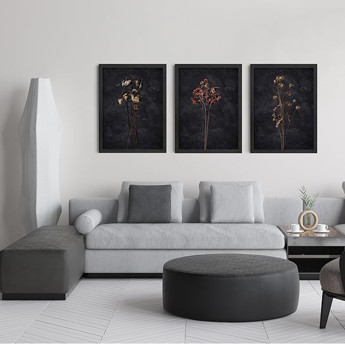 arfitest Vintage Flower Wall Art Dark Moody Wildflower Wall Decoration Minimalist Wildflower Frame Wall Decoration 12''x16'' Inch Set of 3 Black Photo Frames