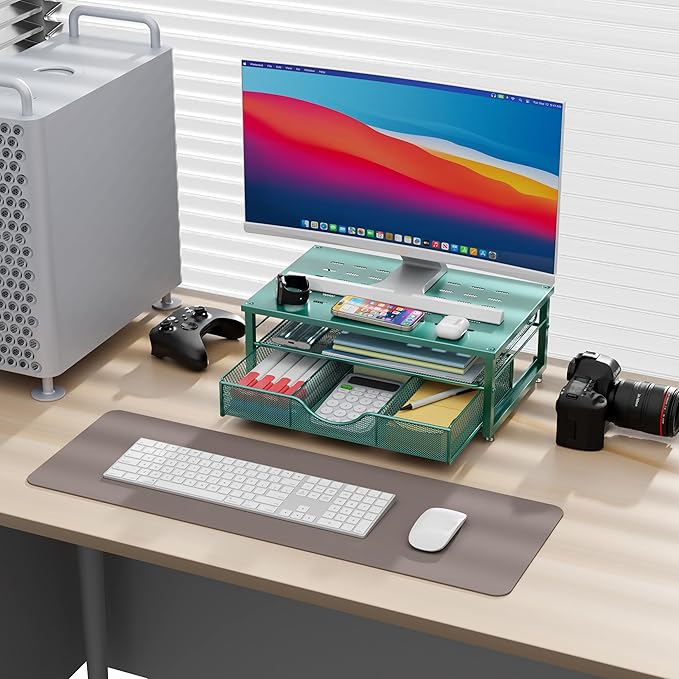 gianotter Computer Monitor Stand Riser, office organizer with Drawer, Office Organizers Storage for Classroom Office Supplies (Dark Green)