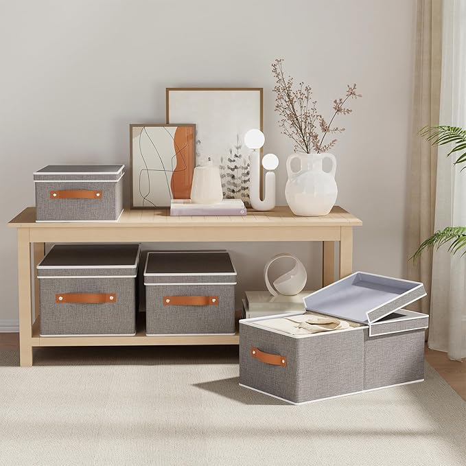 1-Pack Storage Box, Foldable Blanket Basket with Detachable Lid, Linen Closet 0rganizers with Double Handles, Collapsible Cubes for Organizing, Grey, 16.1 x 9.8 x 6.5 inch