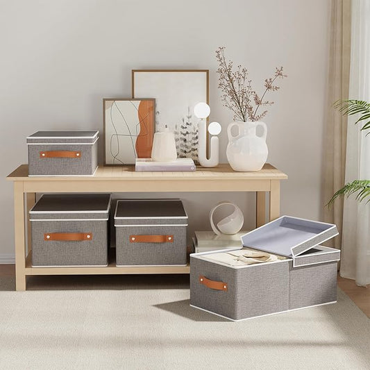 1-Pack Storage Box, Foldable Blanket Basket with Detachable Lid, Linen Closet 0rganizers with Double Handles, Collapsible Cubes for Organizing, Grey, 16.1 x 9.8 x 6.5 inch