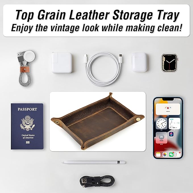 Top Grain Leather Desk Valet Tray Organizer for Man & Woman, Handmade Vintage Design, Foldable Design with Snap Buttons, Desk Organizer for Wallets/Watches/Keys/Coins/Office Supplies, Coffee, Medium