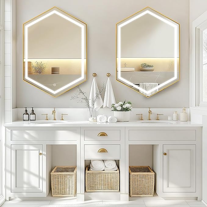 SogesHome Mirror Medicine Cabinet with 3-Color LED Lights, Hexagon Vanity Mirror Storage with 3-Tier Cabinet, Stainless Steel Frame and 2 Shelves for Bathroom, Bedroom, Entryway, Gold