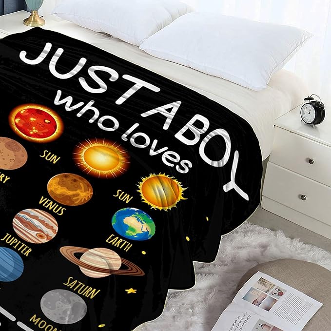 Just Boy Who Loves Planets Blanket Soft Blankets and Throws Flannel Cozy Lightweight Quilt Gift Perfect for Bed Sofa Couch-120 x90 Extra Large for Family