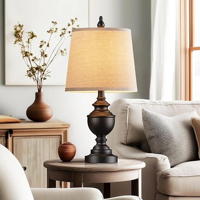 PARTPHONER Retro Table Lamps Set of 2, Bedside Lamp for Bedroom Rustic Farmhouse Table Lamps for Living Room, Vintage Nightstand Lamps with White Shades, Matte Black