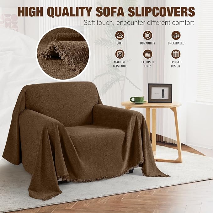 KinCam Couch Covers Washable Oversized Chair Cover Armchair Cover for Dogs Tassel Recliner Chair Sofa Cover Blanket Pet Friendly Soft and Durable for Most Furniture (71" x 71", Dark Coffee)