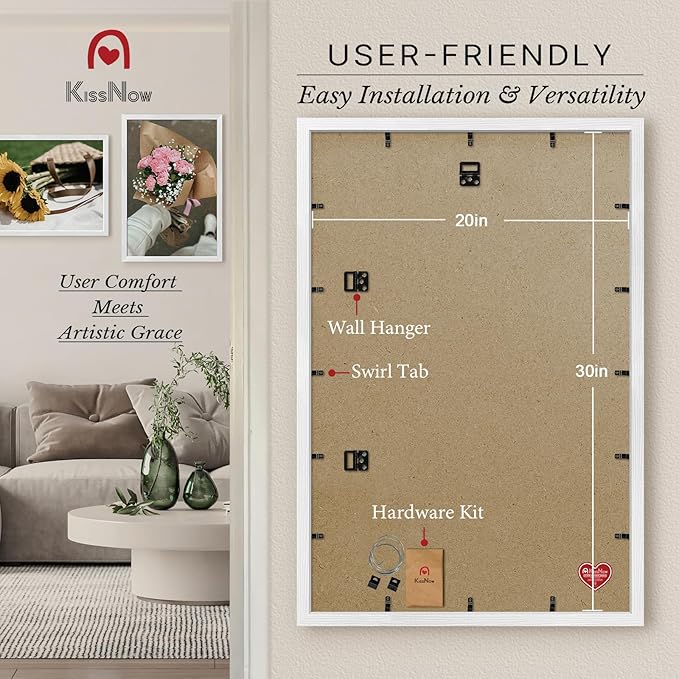 20x30 Poster Frame 2 Pack, Textured White Solid Wood, Wall Gallery Picture Frame