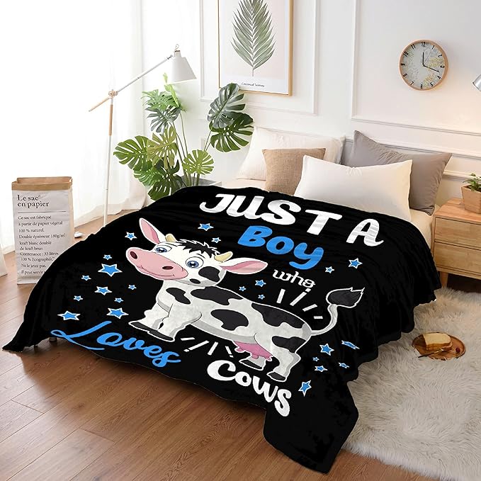Just A Boy Who Loves Cows Blanket Soft Blankets and Throws Flannel Cozy Lightweight Quilt Gift Perfect for Bed Sofa Couch-60 x50 Medium for Teen