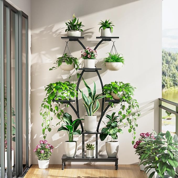 Plant Stand Indoor with Grow Lights - 7 Tiered Metal Corner Shelf for Multiple Plants, 64" Corner Plant Stand for Indoor Plants, X-Shaped Plant Rack for Home, Living Room, Office & Patio Decor