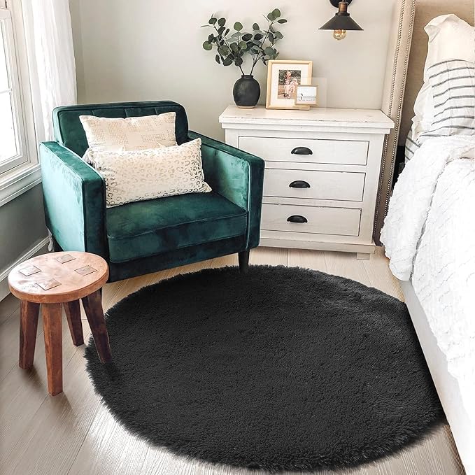 Black Round Rug 4Ft for Bedroom, Fluffy Circle Area Rugs for Living Room Decor Aesthetic, Shaggy Furry Circular Floor Carpet for Office Playroom Nursery Classroom, Modern Baby Kids Teen Boys Mens Rug