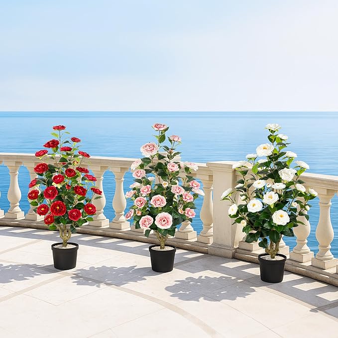 [2-Pack] 37’’ Artificial Camellia Tree with White Flowers, Faux Potted Plant for Indoor & Outdoor Decor, Lifelike Greenery for Home, Office, Porch, or Patio (Pink)