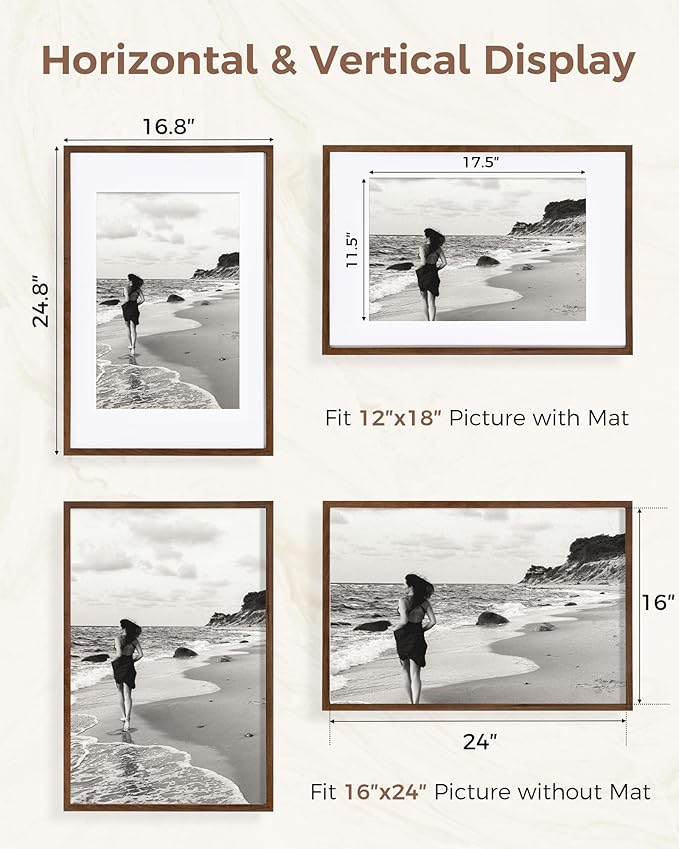 Marsmiles 16x24 Wooden Picture Frame, USA-Sourced Natural Oak Solid Wood Photo Frame with Real Glass for Display Pictures 12x18 with Mat or 16x24 without Mat, Walnut, 2 Pack