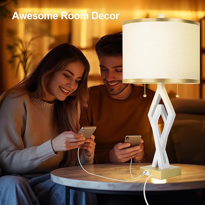 Sculptural Table Lamp Set of 2 for Bedroom, 26” White Modern Bedside Lamps for Living Room, White Linen with Gold Trim Shade, Dual S Nightstand Lamp Metal Base with USB for Home Decor (Bulbs Included)