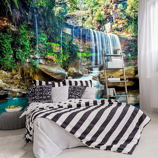 -Green Lake Waterfall Scenery Fabric Wallpaper Living Room Woodland Forest Mountain Bedroom Bathroom Large Wall Mural- 160"x108"（ not Peel and Stick）
