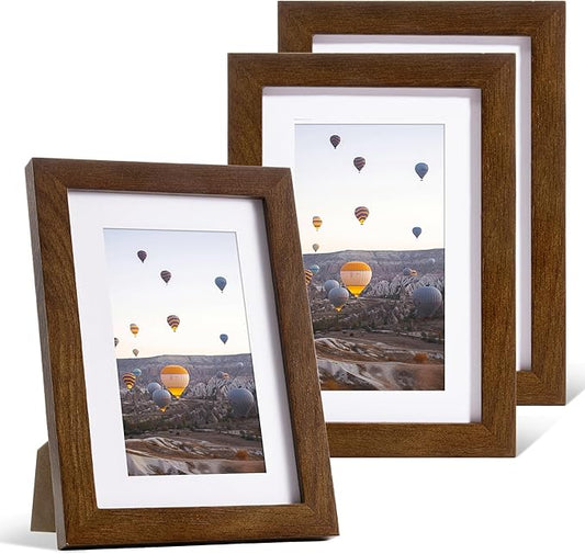 Marsmiles 4x6 Wooden Picture Frame, USA-Sourced Natural Oak Solid Wood Photo Frame with Plexiglass for Display Pictures 3x5 with Mat or 4x6 without Mat, Walnut, 3 Pack