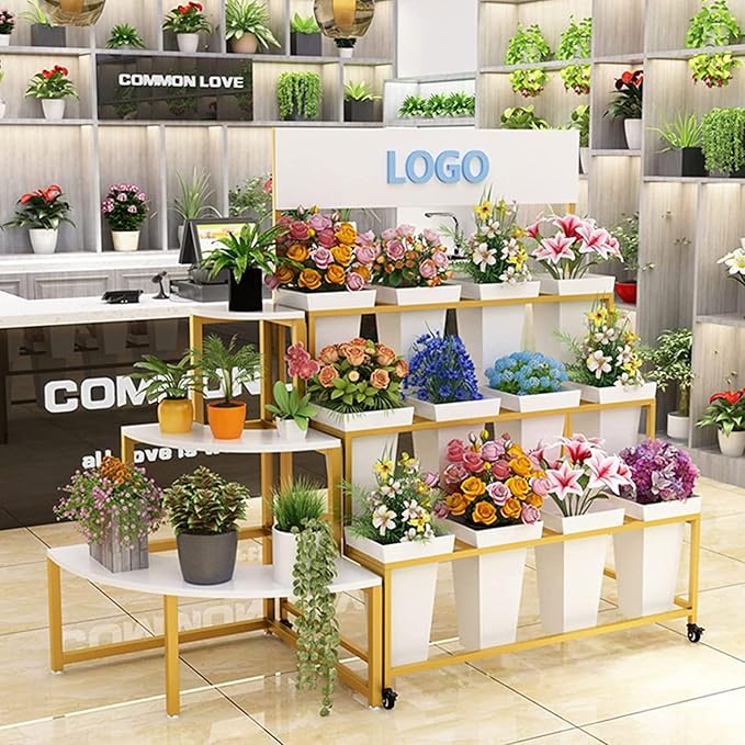 Flower Display Stand With 12PCS Buckets, 3 Layers Metal Plant Stand with Wheels, Heavy Duty Moving Plant Cart Shelf, for Indoor, Outdoor Patio Garden, Living Room, Florist (White - Square Bucket)