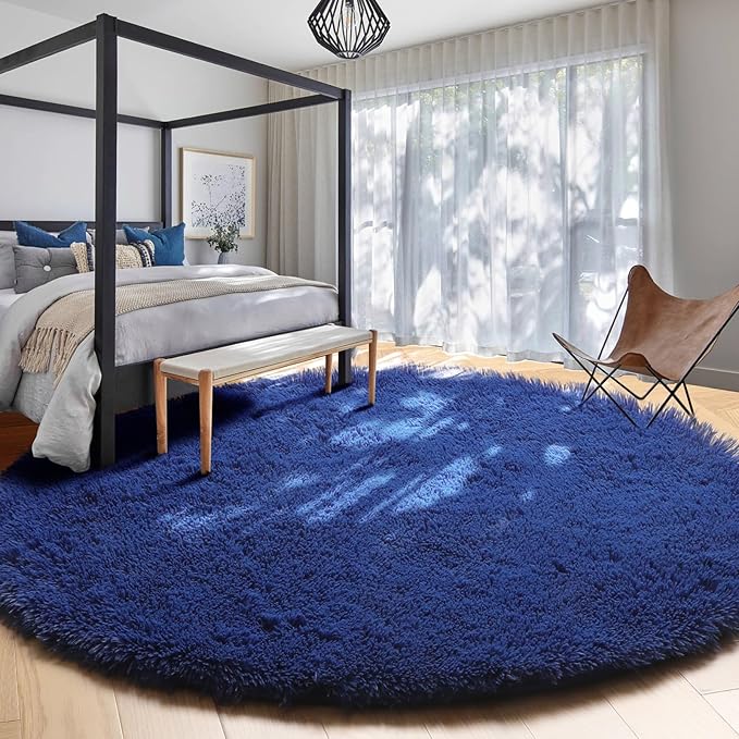Navy Blue Round Rug 7Ft for Living Room Bedroom, Large Fluffy Fuzzy Circle Area Rugs for Teen Boys Baby Kids, Cute Shaggy Plush Floor Royal Dark Blue Carpet for Dorm Nursery Playroom Decor Aesthetic