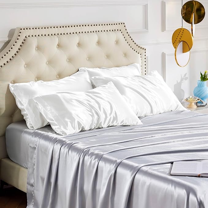 Bedsure Satin Pillowcase Standard Set of 4 - Pure White Silky Pillow Cases for Hair and Skin 20x26 Inches, Pillow Covers with Envelope Closure, Gifts for Women Men
