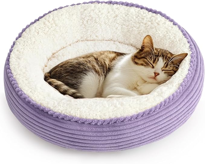 Love's cabin Round Donut Cat and Dog Cushion Bed, 20in Pet Bed for Cats or Small Dogs, Anti-Slip & Water-Resistant Bottom, Soft Durable Fabric Pet beds, Washable Luxury Cat Dog Bed Lavender Stripe
