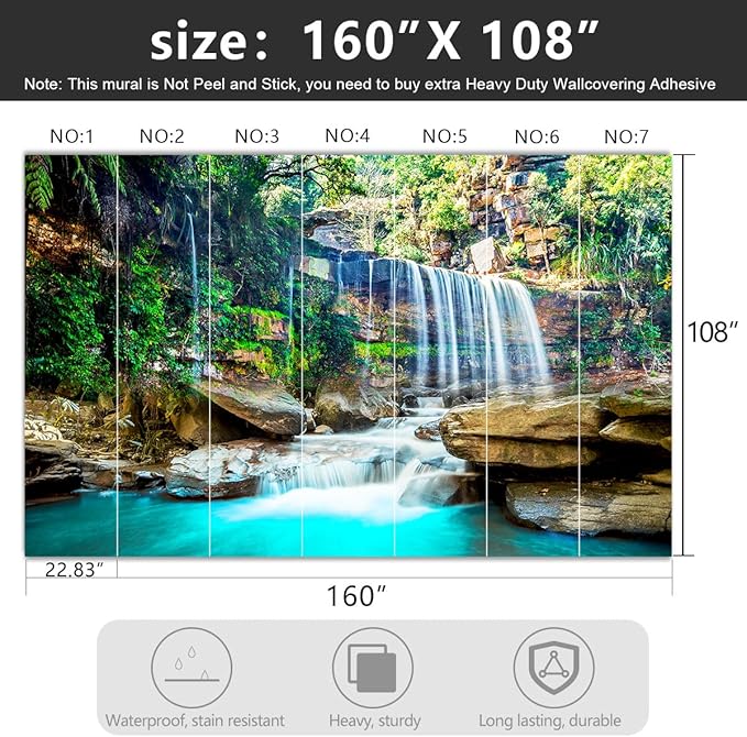 -Green Lake Waterfall Scenery Fabric Wallpaper Living Room Woodland Forest Mountain Bedroom Bathroom Large Wall Mural- 160"x108"（ not Peel and Stick）
