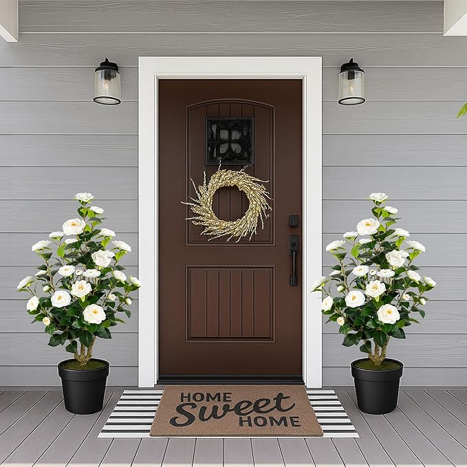[2-Pack] 37’’ Artificial Camellia Tree with White Flowers, Faux Potted Plant for Indoor & Outdoor Decor, Lifelike Greenery for Home, Office, Porch, or Patio (White)