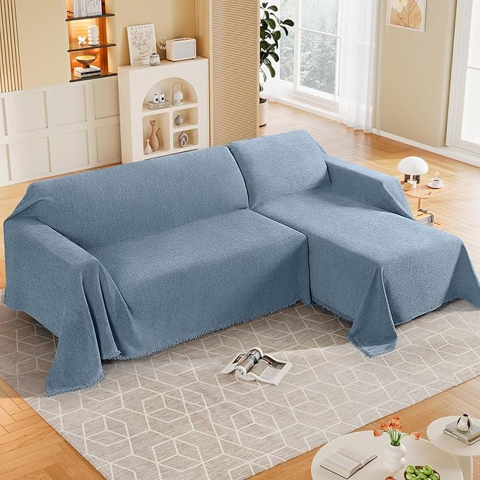 KinCam Couch Covers for 3-4 Cushion Couch Sofa Cover Washable Sectional Couch Cover for Dogs Tassel Sofa Blanket Cover Pet Friendly Soft and Durable for Most Furniture(71" x 150", Blue)