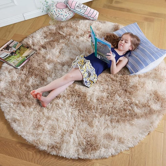 Amdrebio Tie-Dyed Beige Tan Round Area Rug 4Ft for Bedroom, Fluffy Plush Shag Furry Circle Rugs for Kids Room, Living Room Decor Aesthetic, Cute Fuzzy Neutral Carpet for Baby Nursery Playroom Dorm