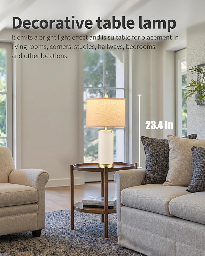 KDG 23.4" White PU Leather Table Lamps for Living Room Set of 2, 3 Level Brightness LED Modern Home Decor Fabric Lampshade Desk Lamp Lighitng for Bedroom, Bedside, Farmhouse, Nightstand, Night Light