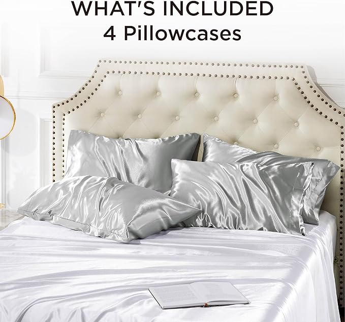 Bedsure Satin Pillowcase Standard Set of 4 - Silver Grey Silky Pillow Cases for Hair and Skin 20x26 Inches, Pillow Covers with Envelope Closure, Gifts for Women Men